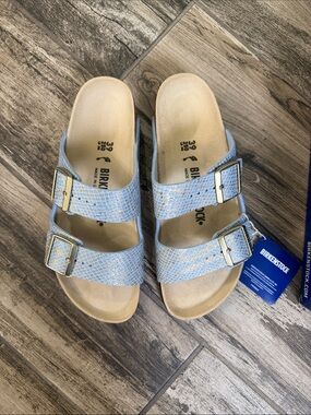 Birkenstock Light Blue Metallic Pattern Arizona Sandals